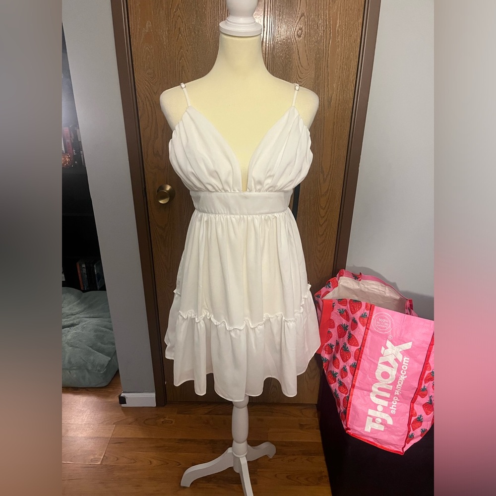 PrettyLittleThing White Ruched Frill Detail Mini Dress Size 12 NWT